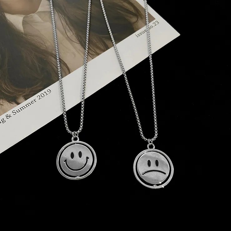 【New arrival】Sweet Cool Rotating Crying Smiling Face Necklace Women's Ins Trendy Niche Design Sense Hip Hop Pendant Men's Best Friend Personalized All-match Chain