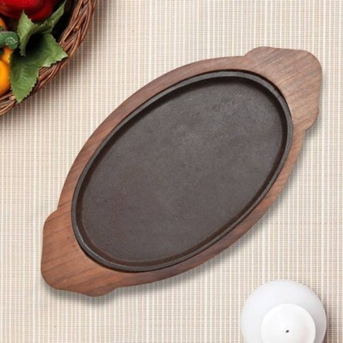 Brown Wooden Cast Iron Oval Sizzler Platter for Serving | High Grade Cast Iron Hand Crafted Serving Platter/Tray