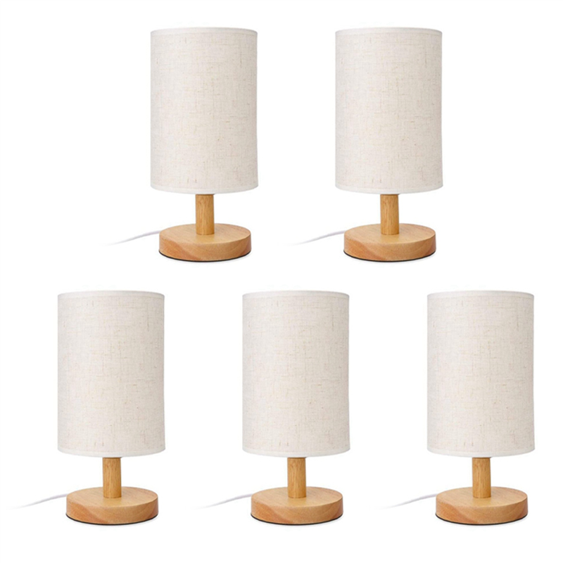 JAERBEE 5X DC5V Round Bedside Table Lamp Nightstand Lamp with Fabric Shade and Solid Wood for Bedroom, Living Room Modern Office