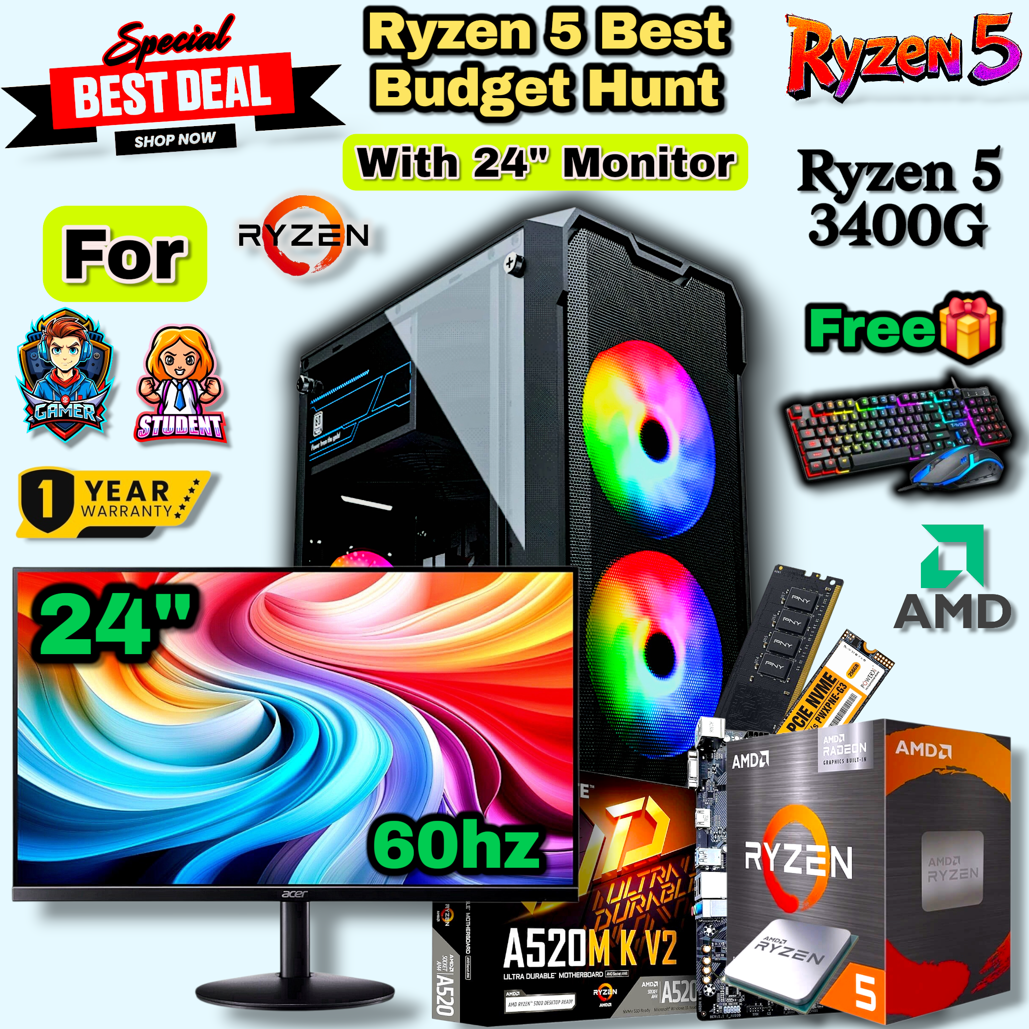 Ryzen 5 Budget Hunt Pairs 24' 60hz Monitor Gaming Editing PC Setup With A520/B550M Board, 8 & 16GB DDR4 RAM/ 512GB & 256GB Nvme Gaming CPU