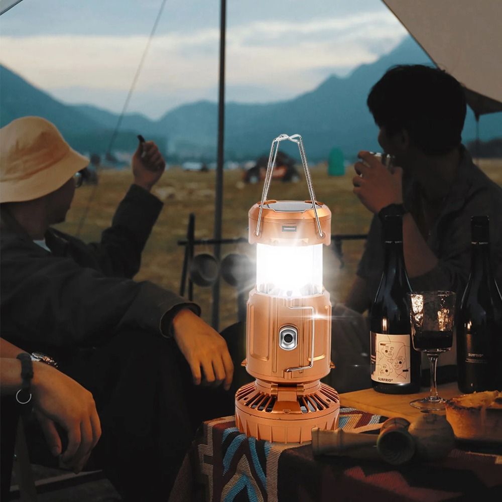Cooling Fan Built-in Rechargeable Battery Solar Camping Lantern Soft Bright Lighting Solar Charging Design Portable Emergency Light Gentle Wind Fan Stretch Control Switch Handheld Stretch Light Hiking
