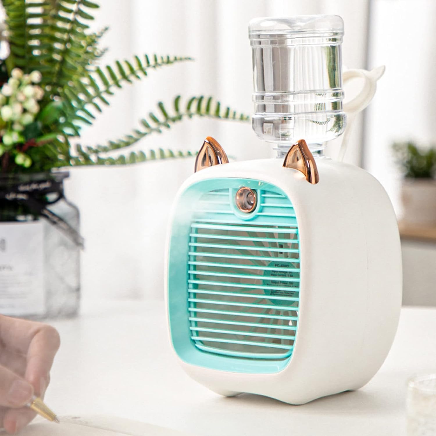 Portable Air Conditioner, 1200ml Cat Ear Mini Cooling Fan with Water Tank, 2-in-1 ​​Air Conditioner Fan & Humidifier, 3 Speeds Rechargeable Air Cooler for School Home Office Use