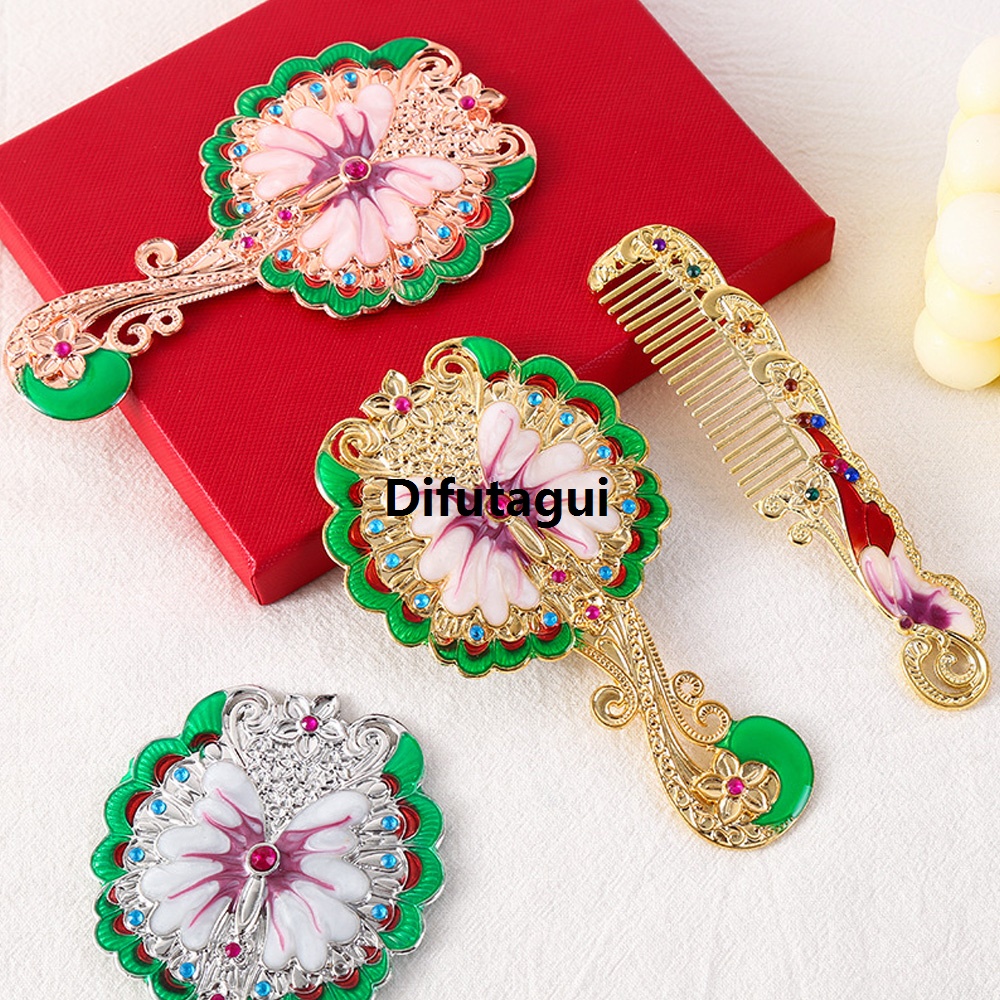 Difutagui Rheinland (Equipment, Round Makeup Mirror Set/Piece, 2 Peacock Luxury Design, Comb Set, Embossed Metal, Handheld, Stone Random