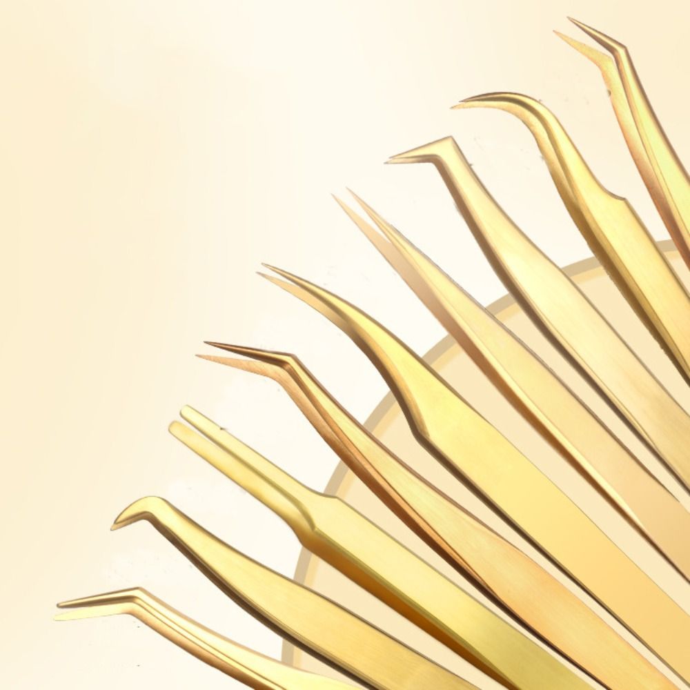 Durable Stainless Steel Lash Extension Tweezers Anti-Slip Gold Curved Tip Tweezers Straight Tweezers Beauty Tools