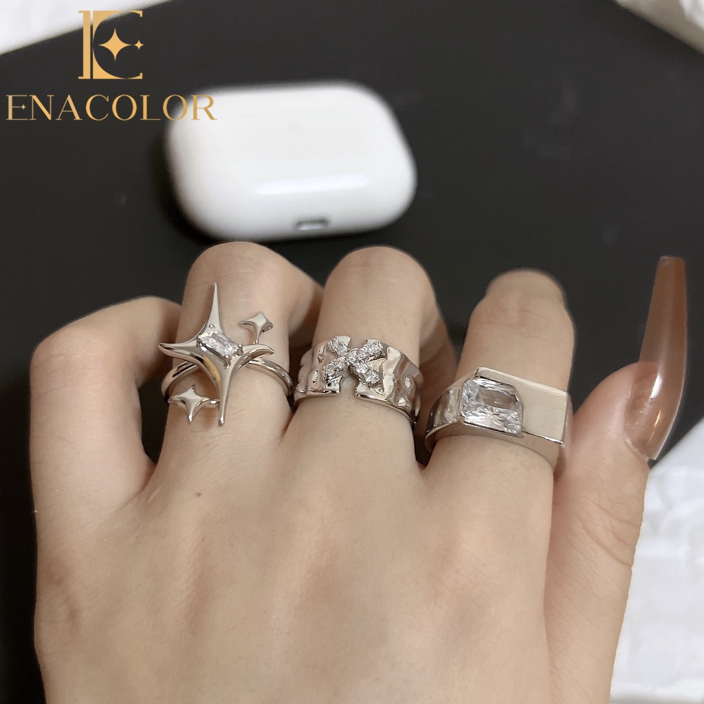 Enacolor 3Pcs/Set Elegant Star Letter X Luxury Zircon Crystal Metal Geometric Rings for Girls Valentine's Day Gifts Jewelry for Women Accessories Ins New