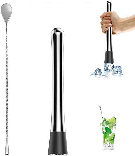 Cocktail Bar Muddler 8" and Stirring Spoon Stainless Steel Drink Muddlers/ Masher & Mixing Spoon 12" | Cocktail Spoon | Bartender Tools: 2 Pcs.