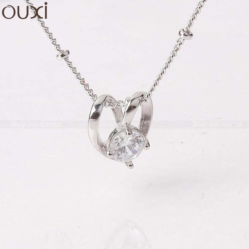 OUXI Silver/White Crystal Embedded Heart Pendant With Chain For Women-K30028-2