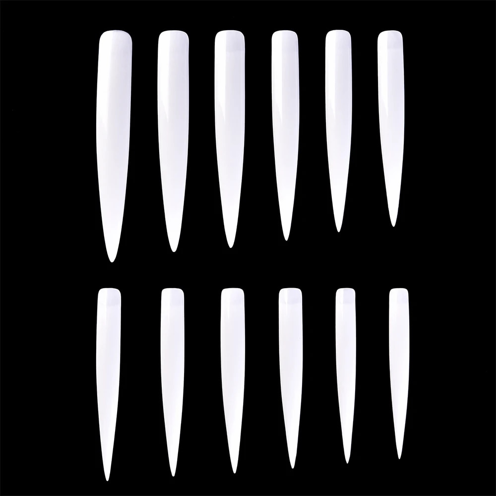 Bizzy 12pcs/box Extra Long Stiletto False Nail Tips Acrylic UV Gel Extension Full Cover Nails Clear Natural White Nail Art Supply