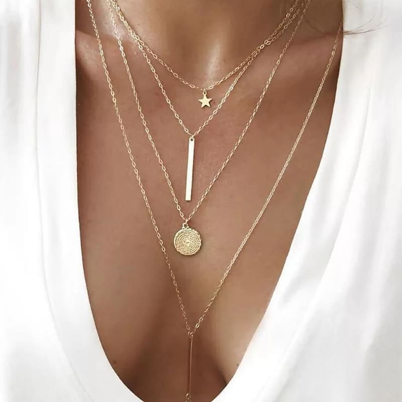 4 Layer Thin Stainless Steel Pentacle Star Round Coin Moon Pendants Necklaces For Multi Layered Necklaces