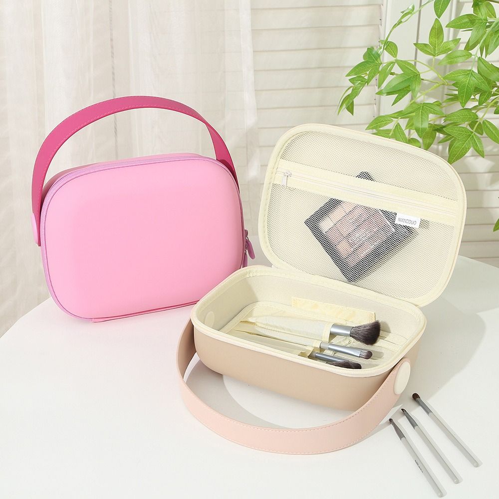 Simple Waterproof PU Cosmetic Bag Handle Candy Color Portable Tote Bag Space Saving Square Wash Storage Bag Travel