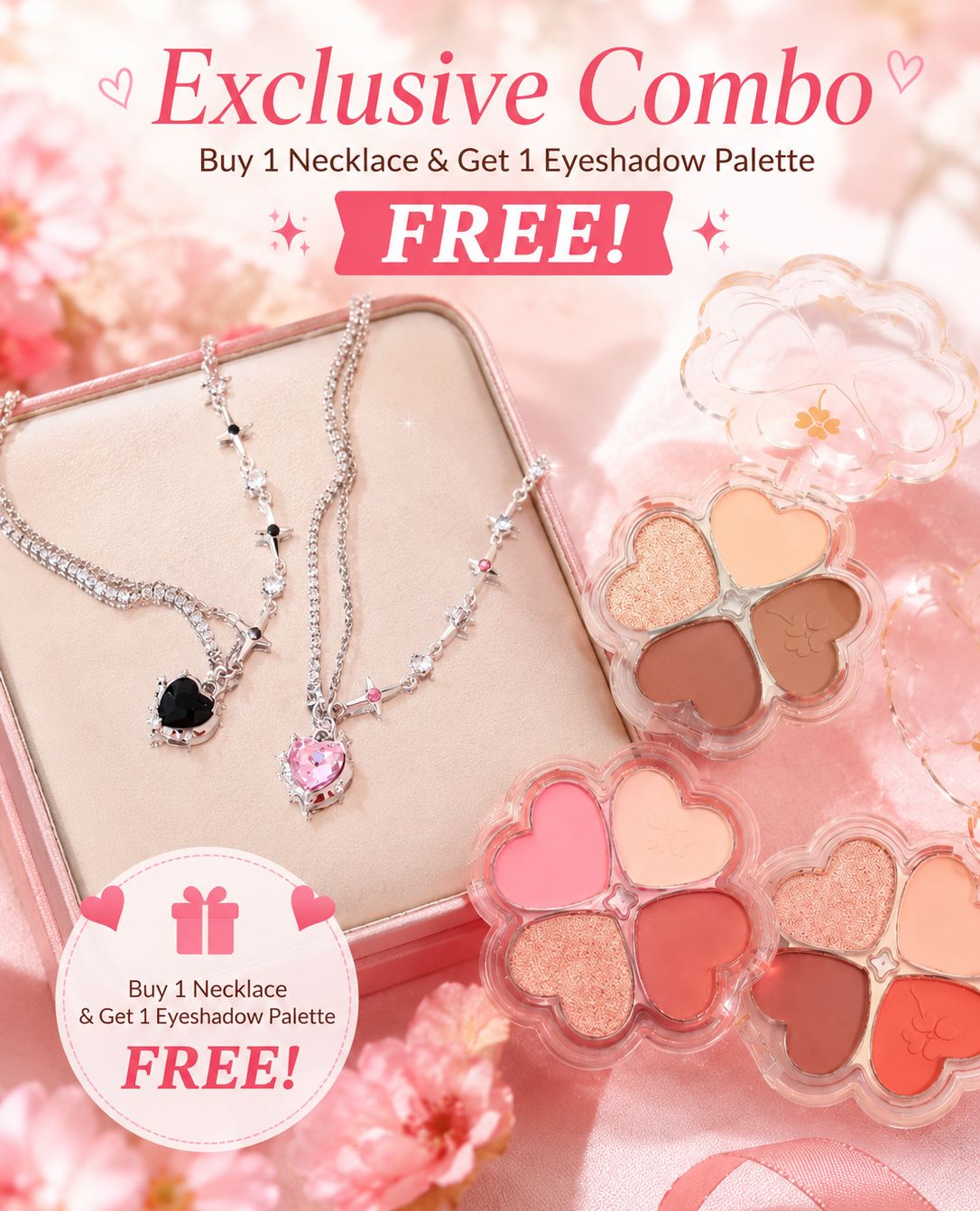 Retro Heart Crystal Necklace & Cute Eyeshadow Palette Combo Set - Buy 1 Necklace Get 1 Eyeshadow Palette FREE | Gift Set for Girls & Women By Choice Group