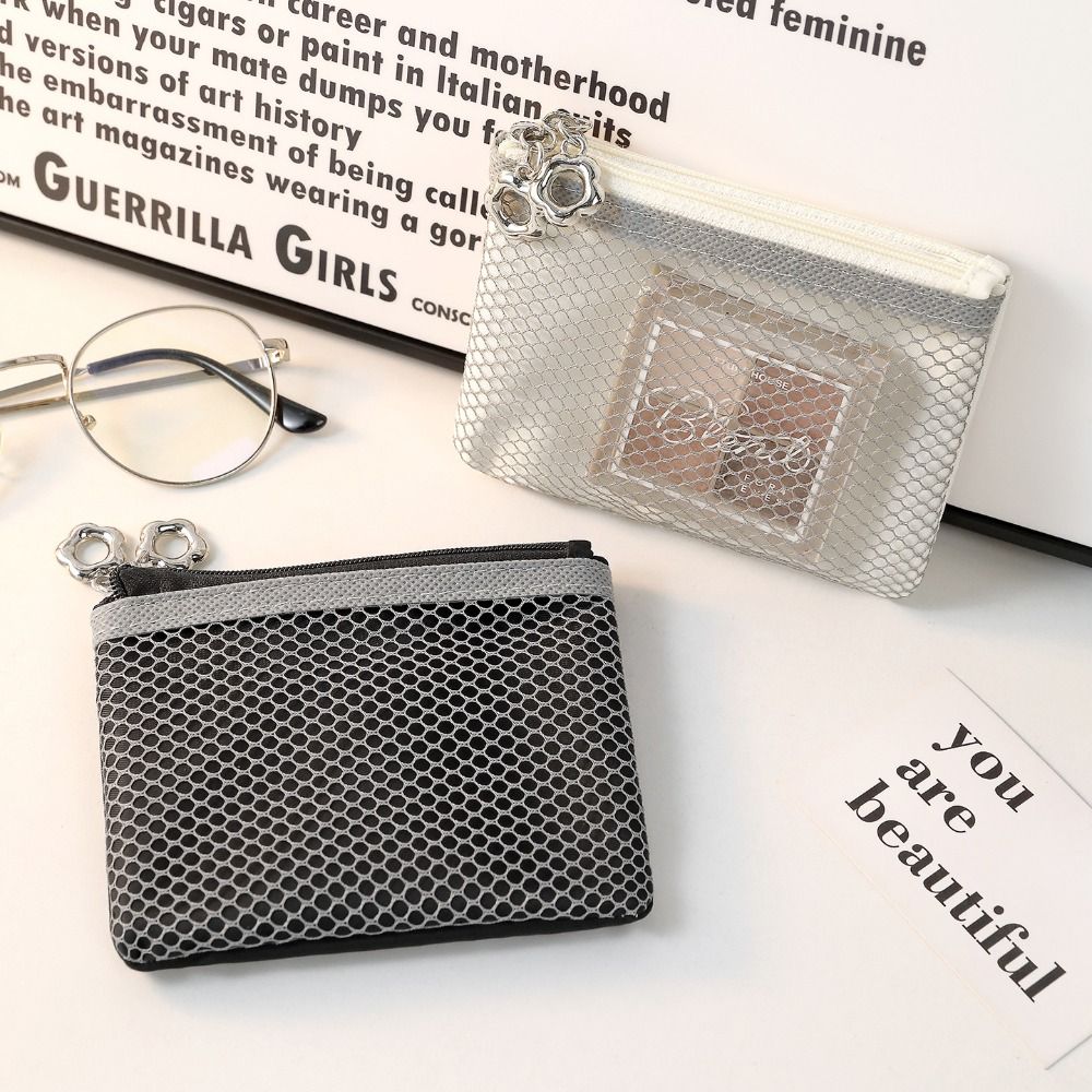 Cute Double Layer Mesh Coin Purse Grid Zipper Mini Cosmetic Bag Card Bag Transparent Mini Wallet Girl