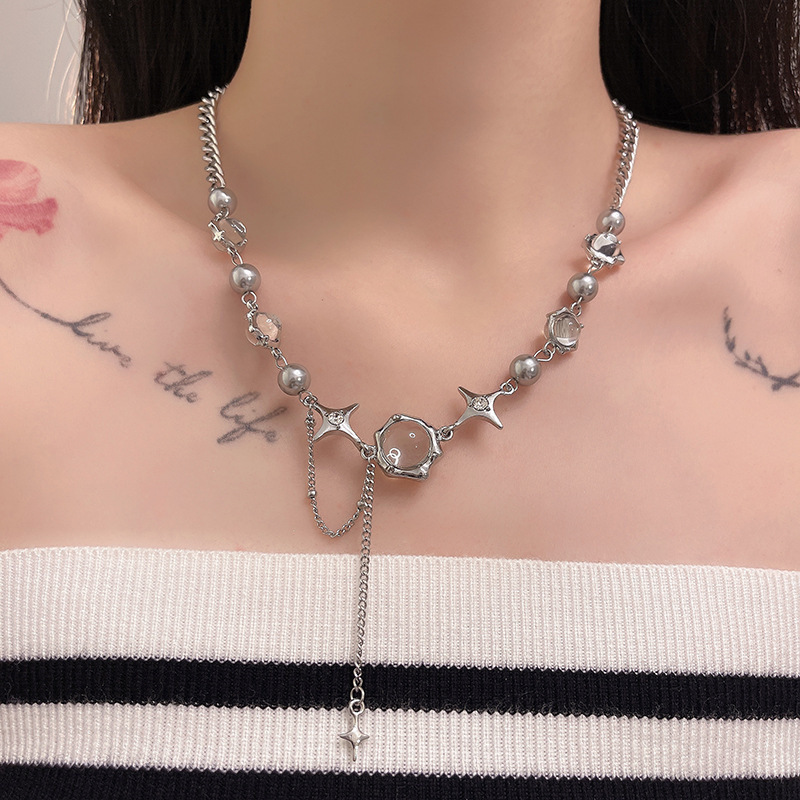 【Mega Sale】Moonlight Zircon Cross Necklace Women Ins Sweet Cool Spice Girl Clavicle Chain Beaded Tassel Chain Women