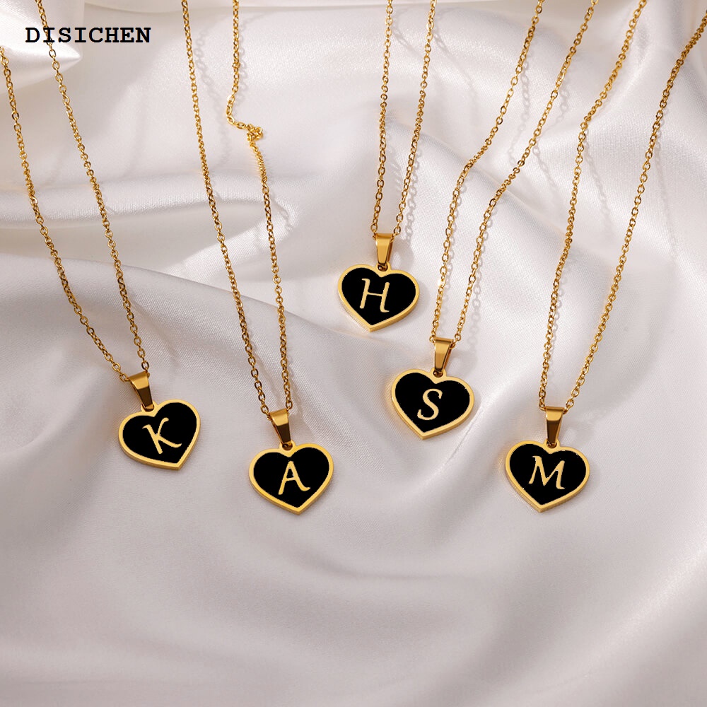 DISICHEN 2025 New Initial Letter Black Heart Stainless Steel Necklace for Women Girl Name Pendant Aesthetic Jewelry Wedding Mother Day Gifts 2024