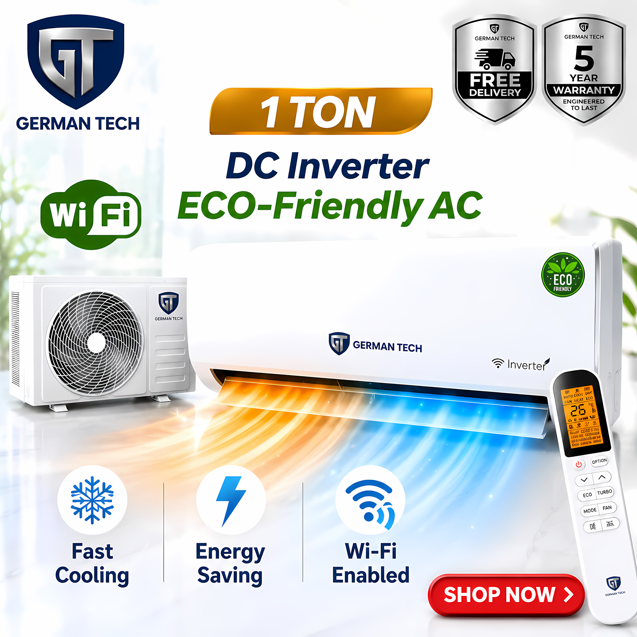 German Tech 1 Ton Smart Inverter AC GT | 1Ton Inverter AC| Hot and Cold Air Conditioner for Room Office |German Technology | 5 Star Energy Saving | 100% Copper Pipe | Golden Fin Protection | 5 Years Compressor Warranty | Smart Wifi AC| Nova Hub