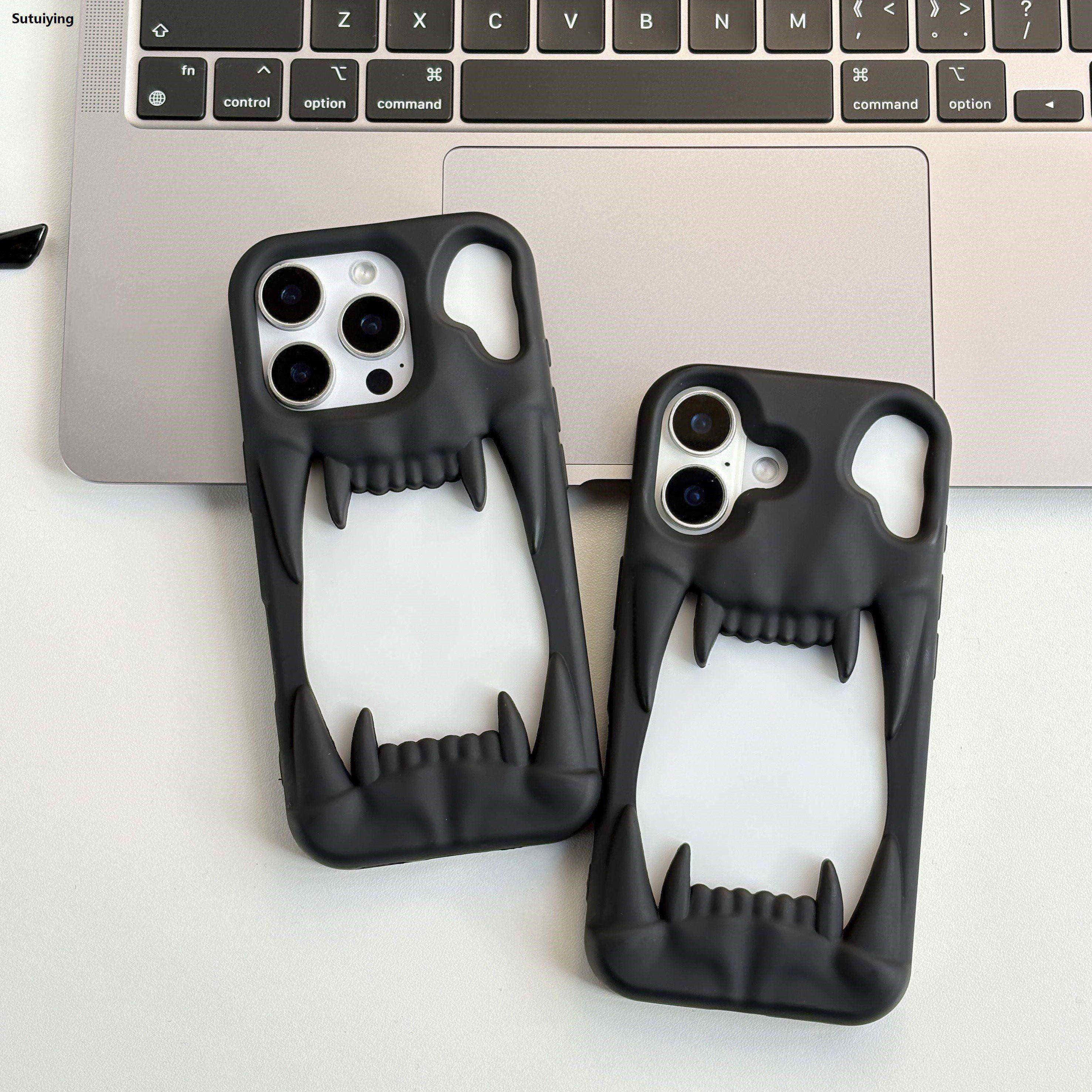 Sutuiying Luxury Fashion Black Silver Skull Hollow Out Skeleton Tiger's Teeth Portable Shape Soft Matte Case for iPhone 11 12 13 14 15 16 Pro Max