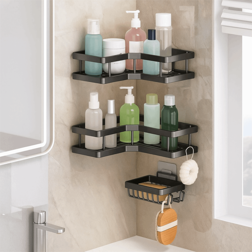 1Pc/3Pcs/5Pcs Multifunctional Carbon Steel Triangle Storage Rack Wall Mounted Large Capacity Shampoo Storage Rack Punch Free with Hook Metal Corner Shelf Bathroom
