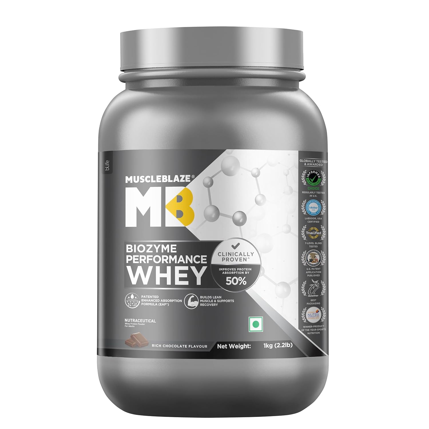 MuscleBlaze Biozyme Performance Whey Protein 1kg Vanilla Flavor Labdoor USA Certified with 25g Protein 11.75g EAA 5.5g BCAA 4.4g Glutamine