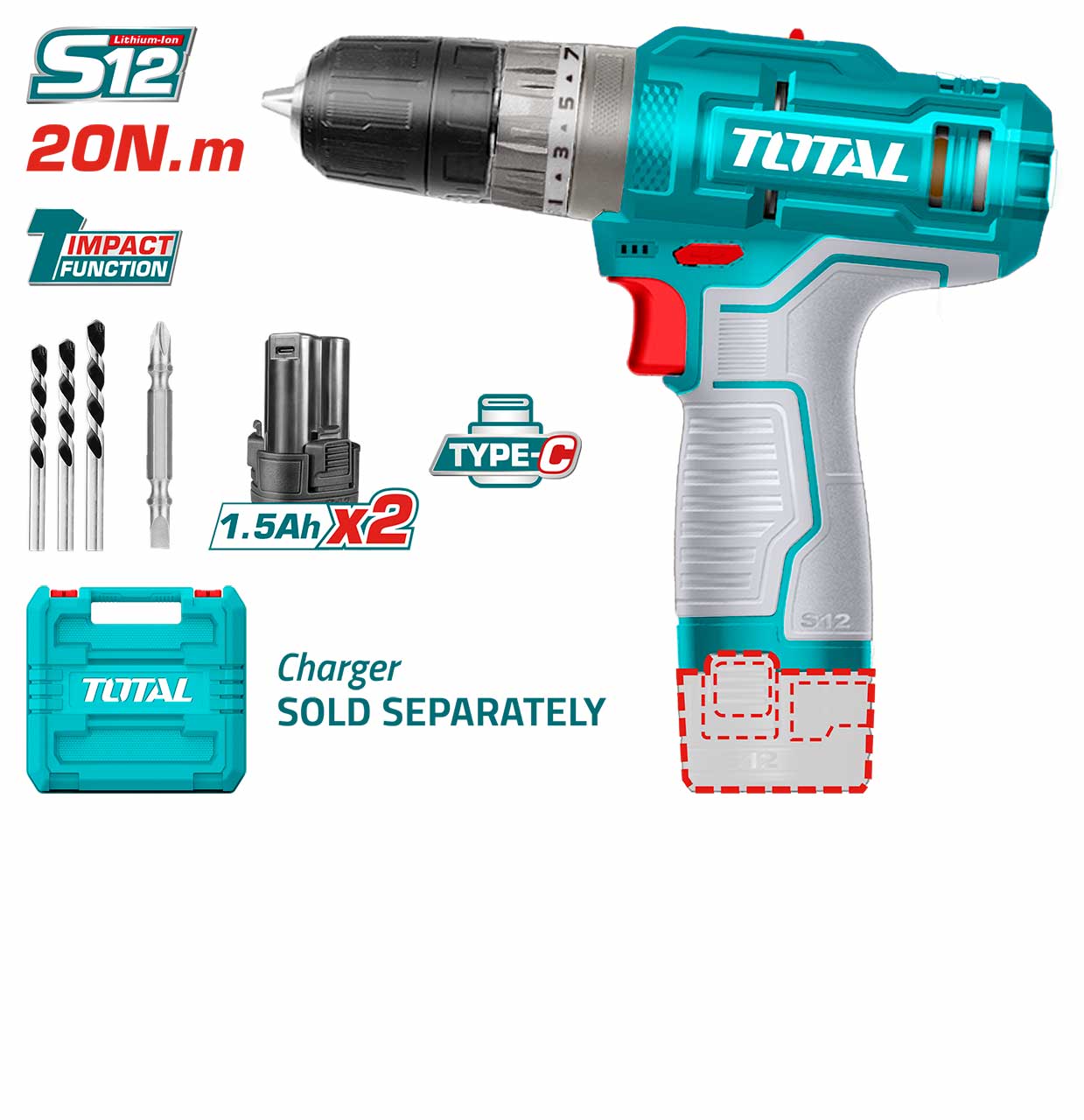 TOTAL Tools 12V Lithium Ion Impact Hammer Function Drill Machine