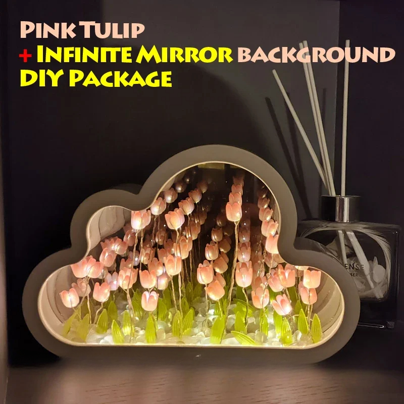 20 Flowers Handmade Material Package Tulip Sea Desk Lamp LED Night Light Mirror Desk Lamp Birthday Gift Home Decoration Lamp