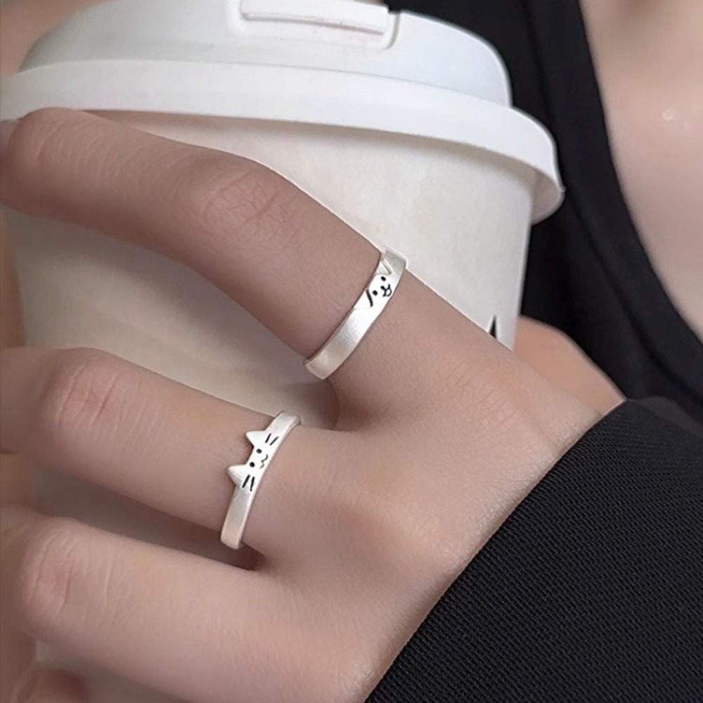 Unique Geometric Animal Couple Ring Dull Polish Cute Dog Cat Opening Ring Alloy Valentine's Day Gift Best Friends