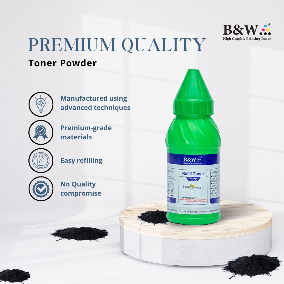 B&W Brother Refill Toner Powder (1500 Page Yield) for Brother LaserJet Printers - Compatible with TN-2305, TN-1000, TN-2060, TN-1050, TN-760, HL-2365DW, TN, - Ultra Dark Black Toner for Superior Graphic Printing.