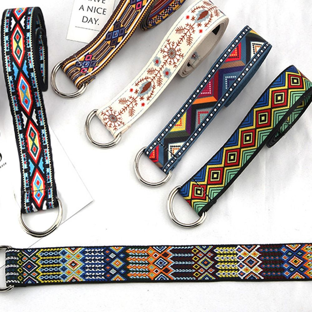 Fashion Black Buckle Simple Double Ring Waistband Nylon Braided Belt Canvas Strap Weave Waist Band