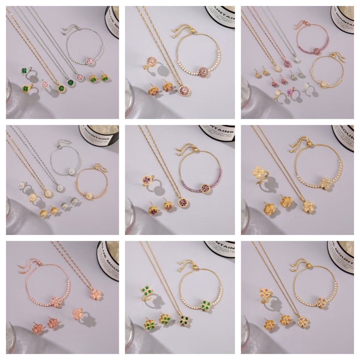 【Good sharing!】Women's Japanese-Korean Style Rotating Sunflower Zircon Necklace Ins Earrings Fashion suit Titanium Steel Clavicle Chain