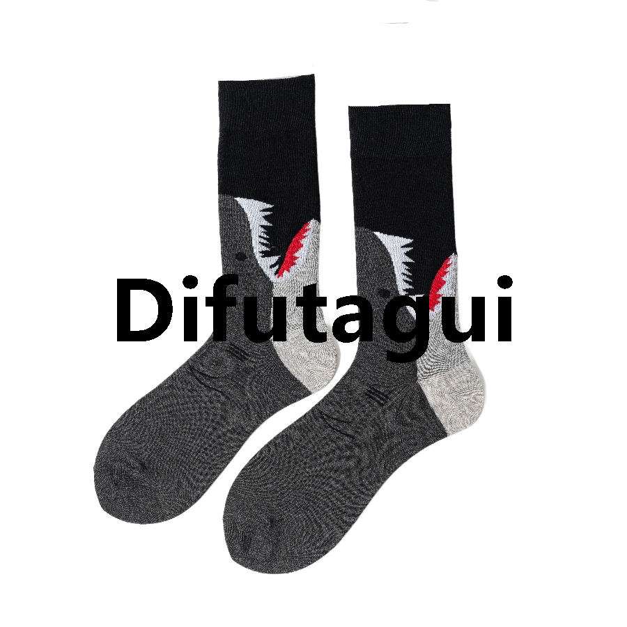Difutagui Sales promotion Middle tube men's black socks double cotton Special 1MYORED fitting shark head cartoon cute trend socks
