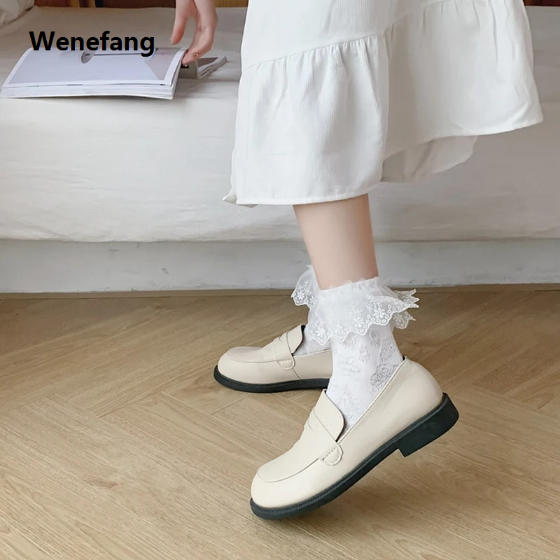 Wenefang Lolita White Lace Socks Women Heart Bowknot Cotton Socks Femme Sweet JK Socks Ankle Dress Calcetin Medias