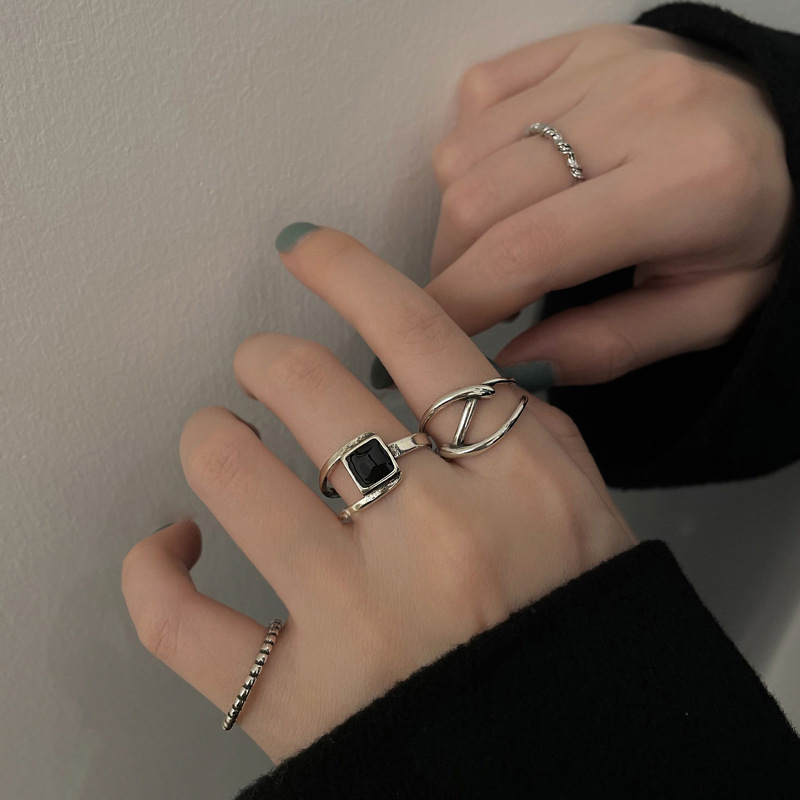 【New Arrivals】925 Retro Geometric Square Black Agate Ring Women's Stacked Wear Niche Design Sense Cold Wind Open End Ring