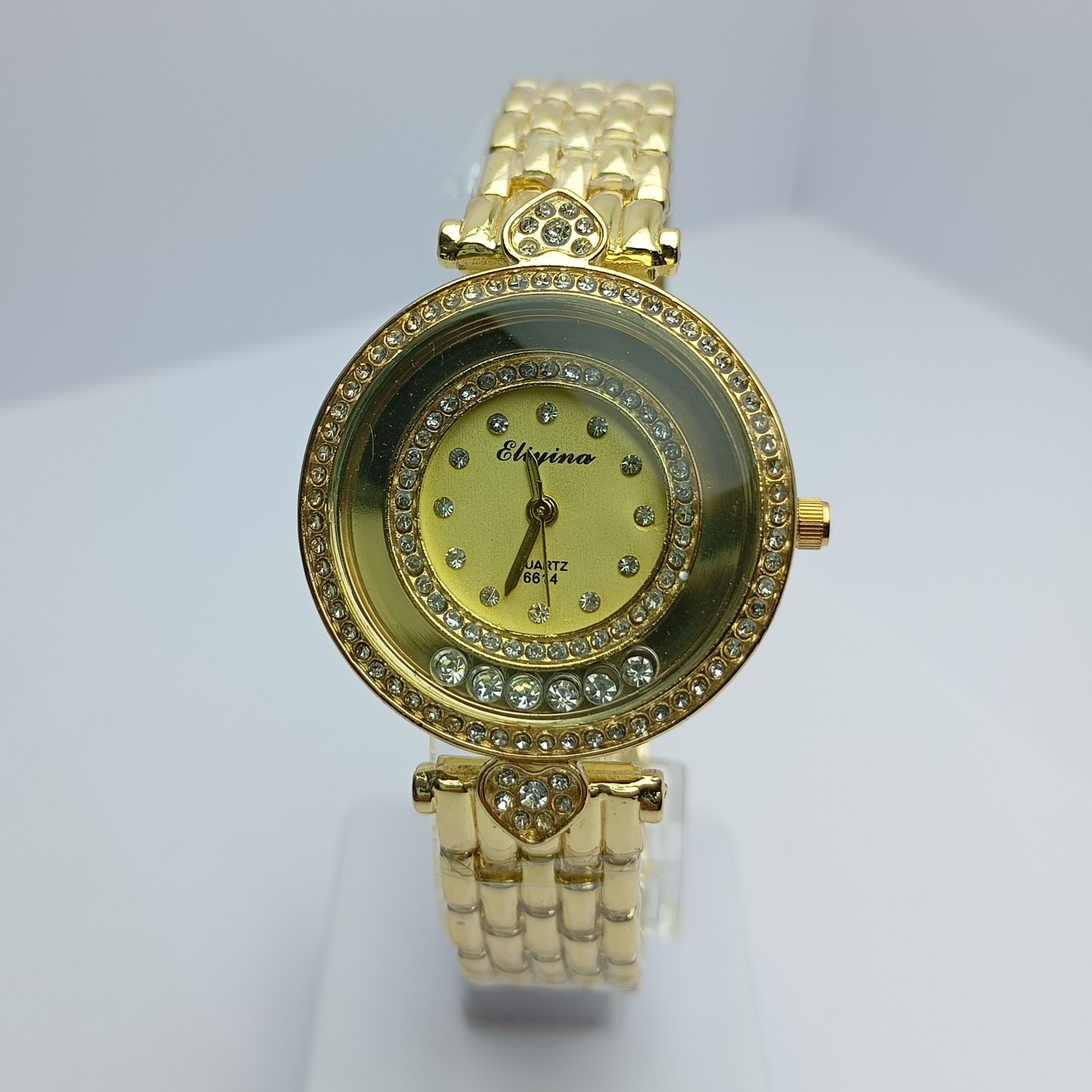 Watch For Ladies || Fully Waterproof Bengal Design Stainless Steel Gold Chain Round Gold Dial Stone Curved Watch For Women