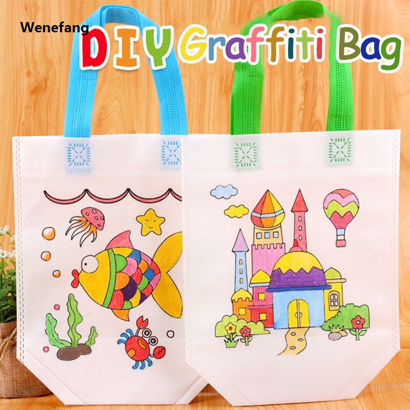 Wenefang DIY Graffiti Bag with Markers Handmade Painting Non-Woven Bag for Children Montessori Toy Arts Crafts Color Filling Drawing Toys
