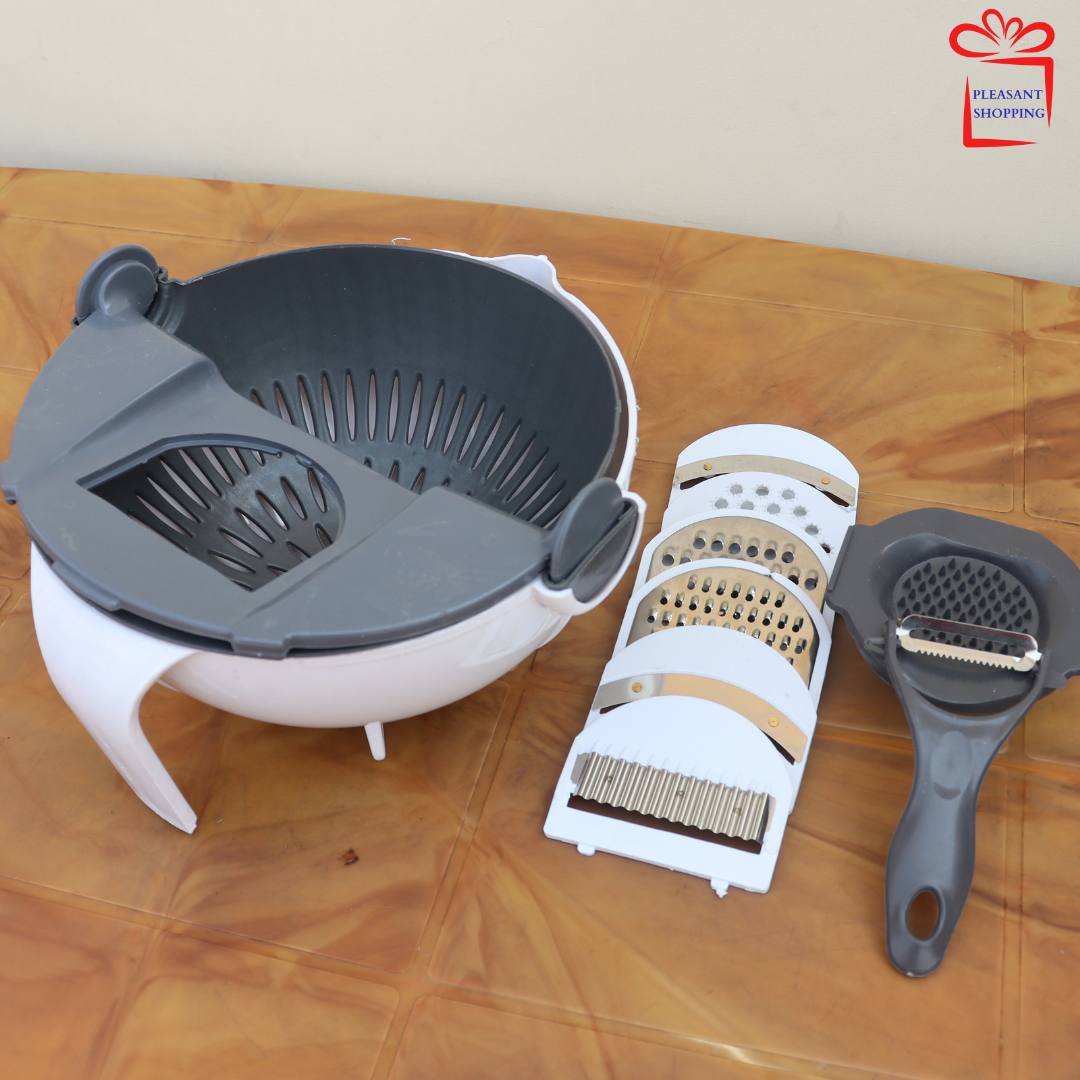 8 in 1 Multifunction Plastic Magic Rotate Vegetable Cutter with Drain Basket Large Capacity Vegetables Chopper Veggie Shredder Grater Portable Slicer Kitchen Tool