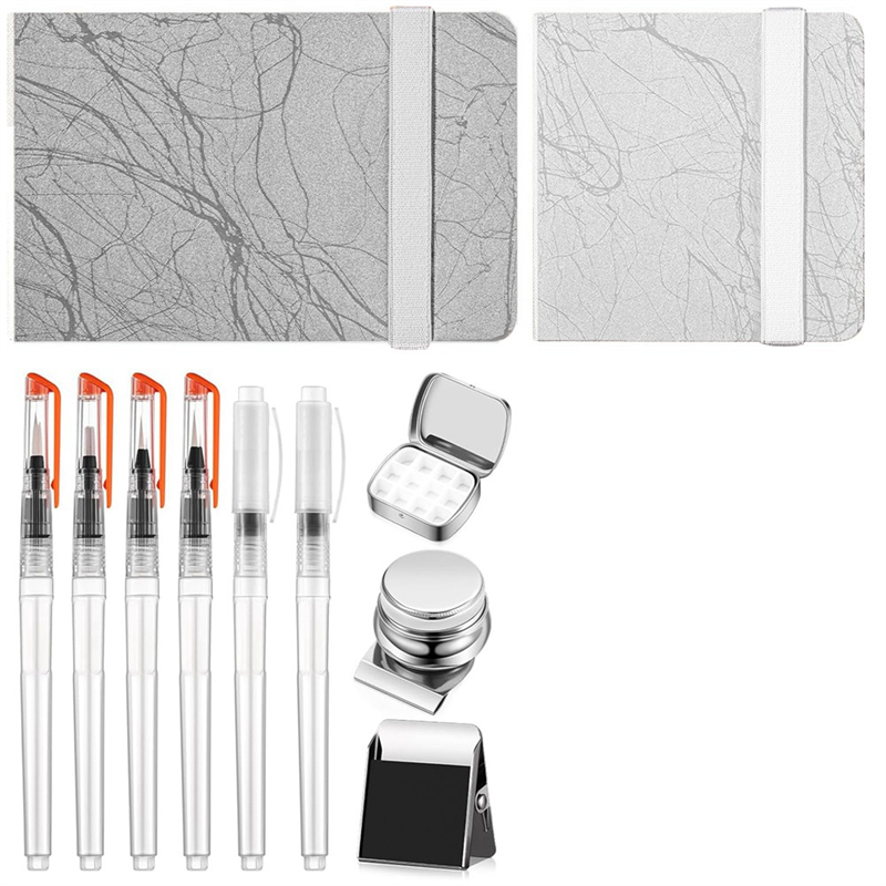 11 Pcs Mini Portable Watercolor Palette Set,12 Grids Watercolor Palette Watercolor Paper Pad, Sketch Book, Brush Pens Easy to Use