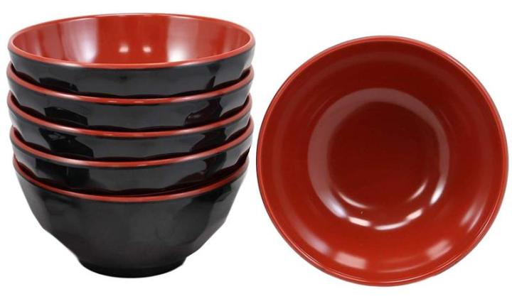 Set of 5 Tibetan Red and Black Melamine Bowl/Bowls | Bowls for Serving Black & Red | 480 ml | Ramen Bowl Melamine Japanese Style Noodle Soup Bowls Cereal Pasta Serving Salad Bowl Asian Dishes for Pho Noodles Thai Chinese Dinnerware Black Red