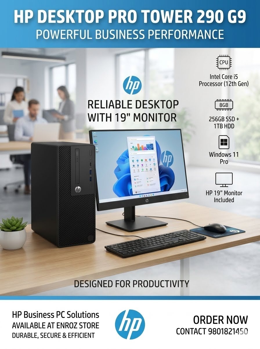 HP Desktop Pro Tower 290 G9/Intel core i5 12thGen /8GB RAM/256GB SSD+1TB HDD/HP 19'' Monitor Induded
