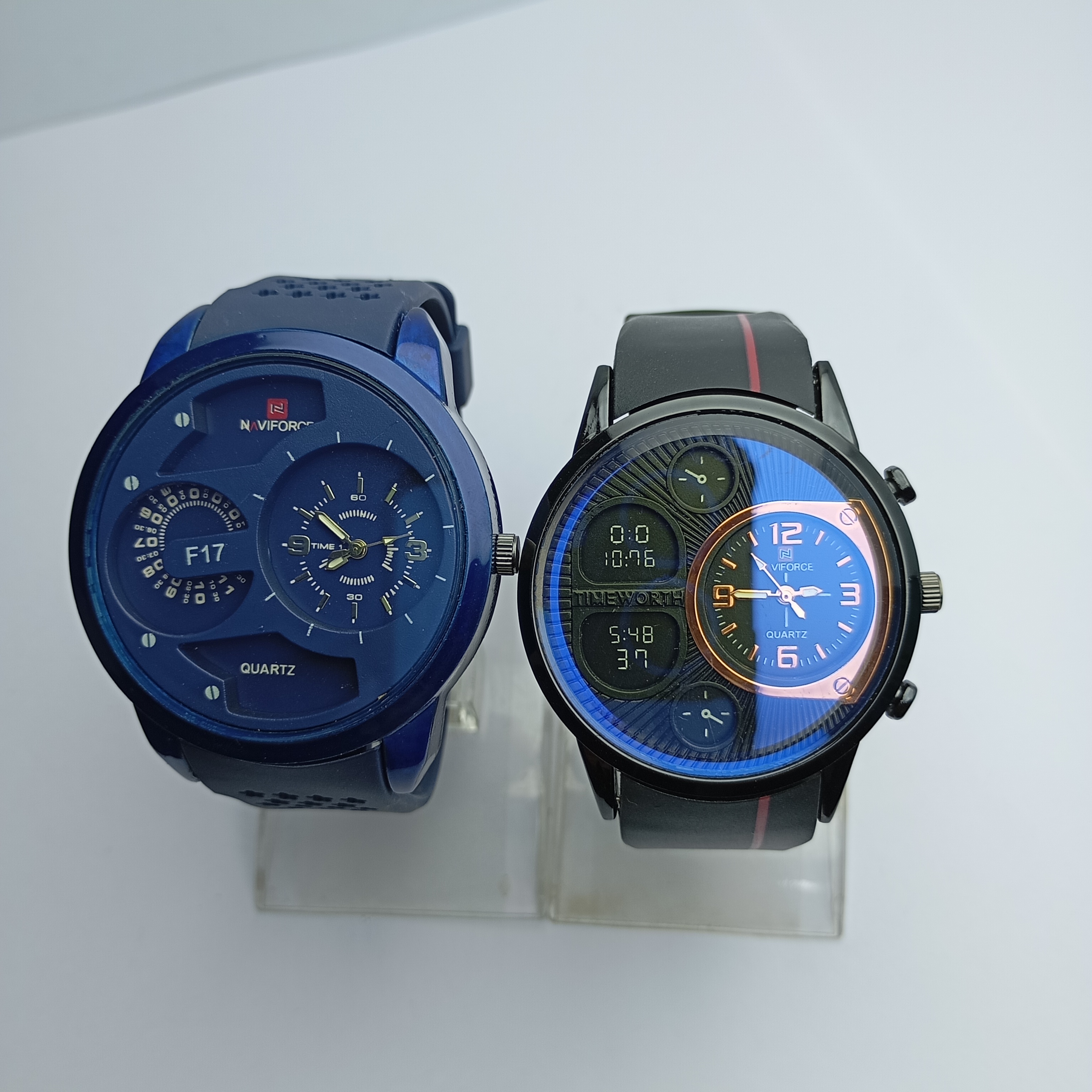 Pack Of 2 Pcs Watch || Casual Design Blue Rubber Belt Round Blue Dial Watch & Black Rubber Belt Digital (Only Design), Analog Designer Best Quality Wrist Watch For Men || Sold By Time Plaza