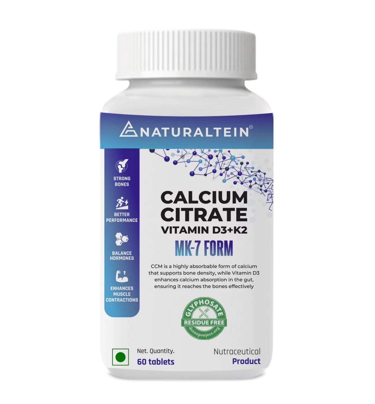 Naturaltein Calcium Citrate Vitamin D3+K2+MK-7 (60 Tablets) With Support For Strong Bones, Balance Hormones & Enhances Muscle Contractions