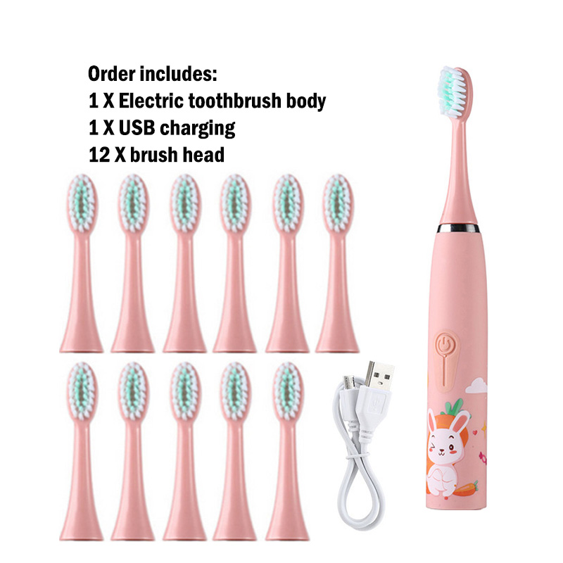 New style 【Everyone is using it】Sonic Children Electric Toothbrush With 12pcs Brush Heads IPX7 Waterproof Ultrasonic Rechargeable Timer Soft Hair Cleaning Brush