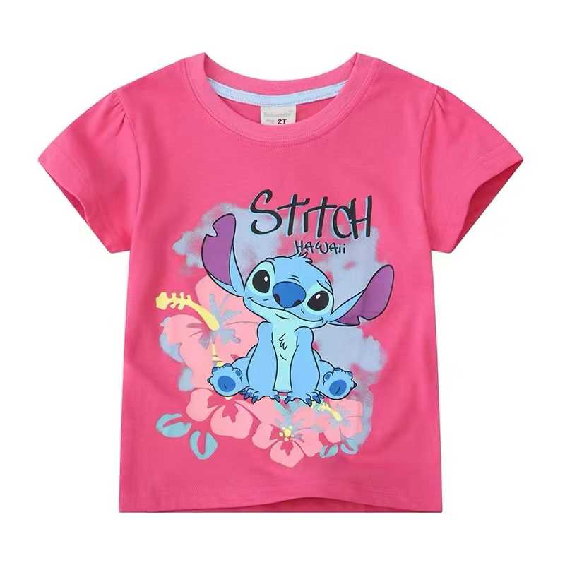 Pink Disney Stitch Graphic T-Shirt Kids Hawaii Hibiscus Flower Cotton Summer Top