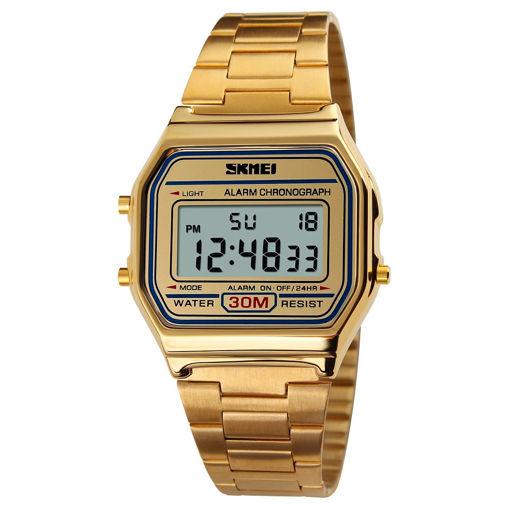 SKMEI 1123 Japanese-Quartz Movement 30M Waterproof LED Stainless Steel Digital Watch UNISEX - gold