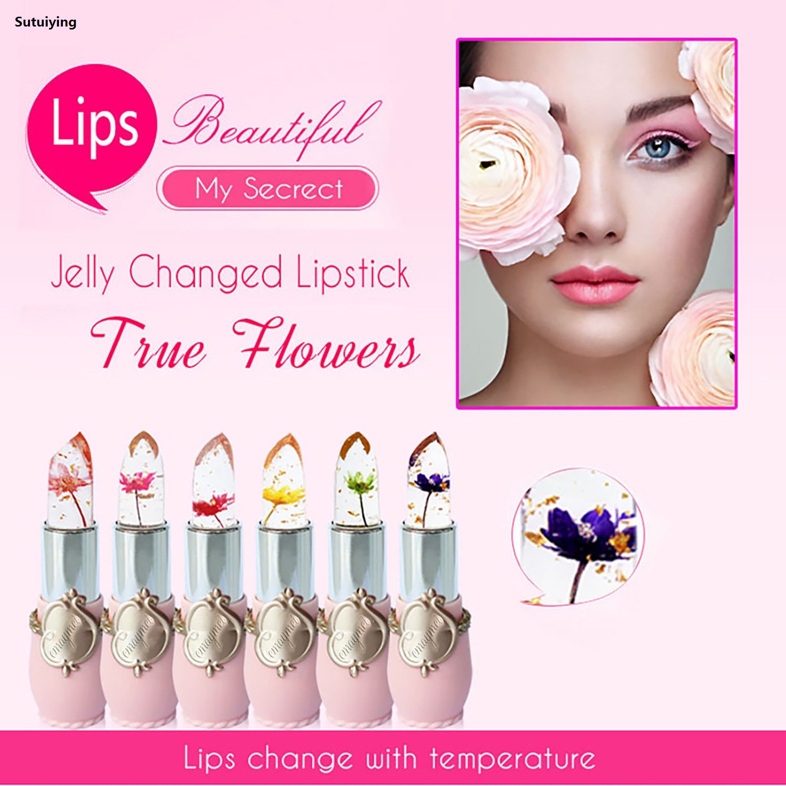 Sutuiying 1pc Beauty Bright Flower Crystal Jelly New style Lipstick Temperature Change Color Lip