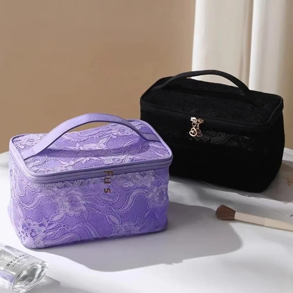 Portable Solid Color Lace Makeup Bag Floral Large Capacity Cosmetic Storage Bag Breathable with Handle Toilet Bag Girl