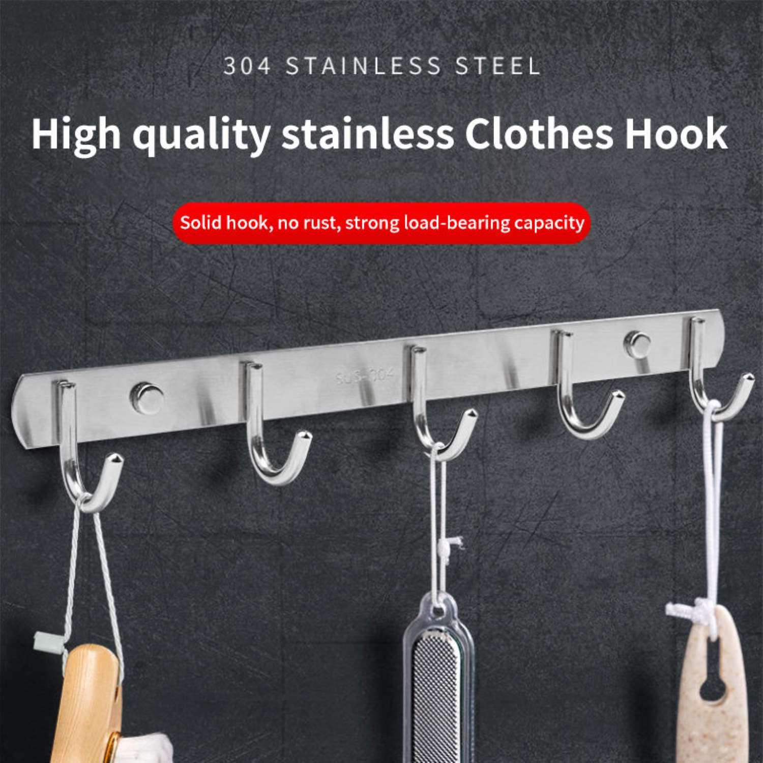 Premium Stainless Steel Wall Mounted Kitchen Wall Hanger With 5 Hooks For Utensils, Cutlery And Towels