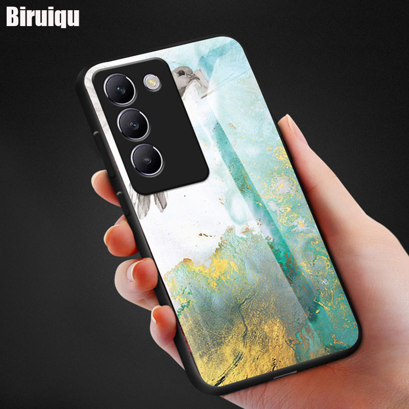 Biruiqu For VIVO Y100 5GShockproof Fashion Marble Tempered Glass Back Case Cover