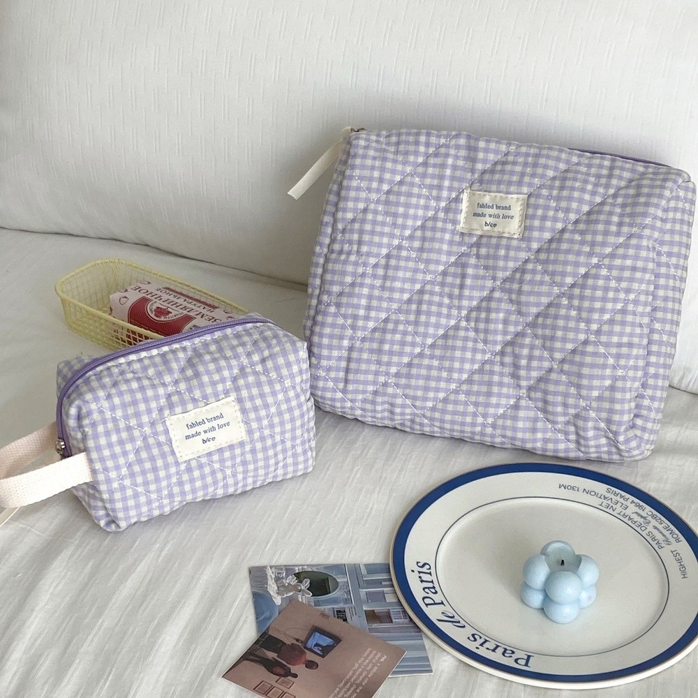 Kawaii Cotton Makeup Bag Checkered Pattern Cute Storage Wrist Bag Multi-size Large Capacity Travel Toiletry Bag Travel Use