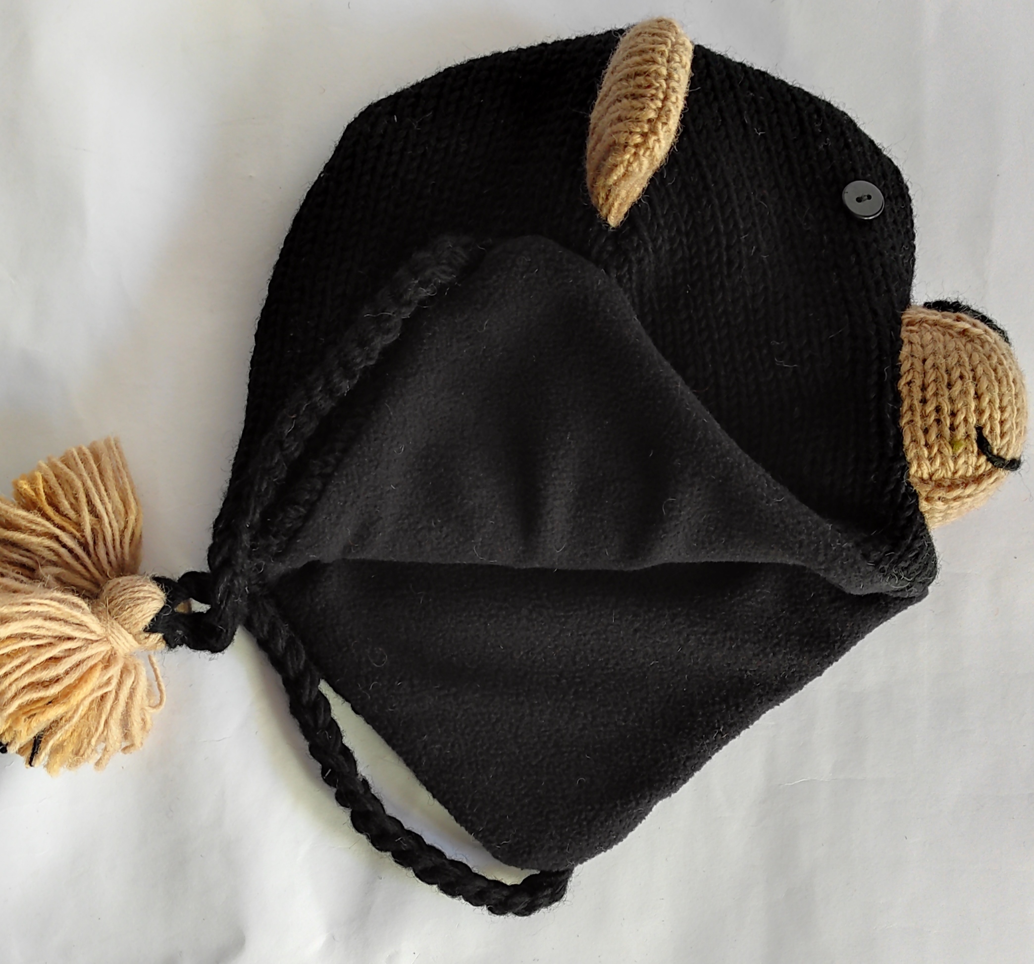 Black Bear/Panda Design Ear Flap hand knitted Topi/Cap