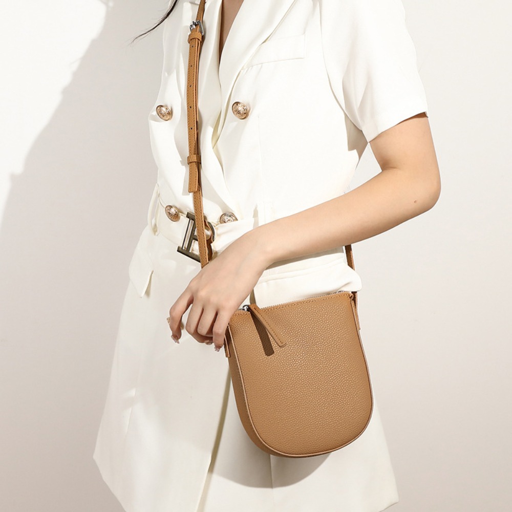 New Litchi Pattern Shoulder Bag Solid Color Zipper Messenger Bag Genuine Leather Crossbody Bag Women