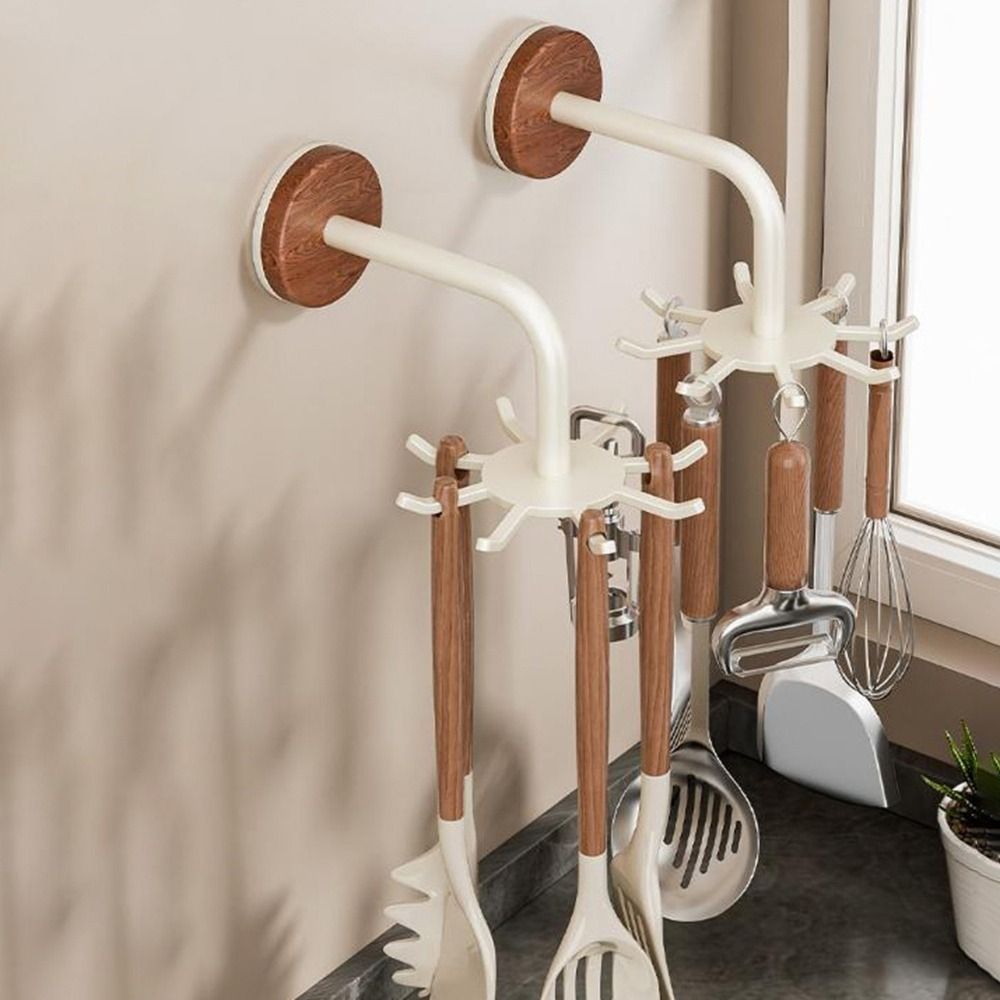 Multi-functional No Drill Kitchen Storage Rack Anti Drop Space Saving 360 Rotating Hooks Wall Mounted Utensil Organizer for Kitchenware